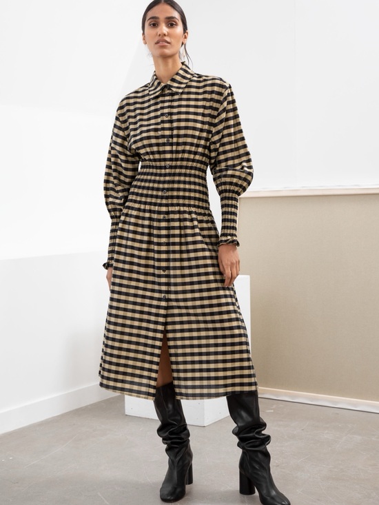 & Other Stories Dresses & Skirts - & Other Stories Black and Tan Checked Smocked Waist Midi Dress Sz 6